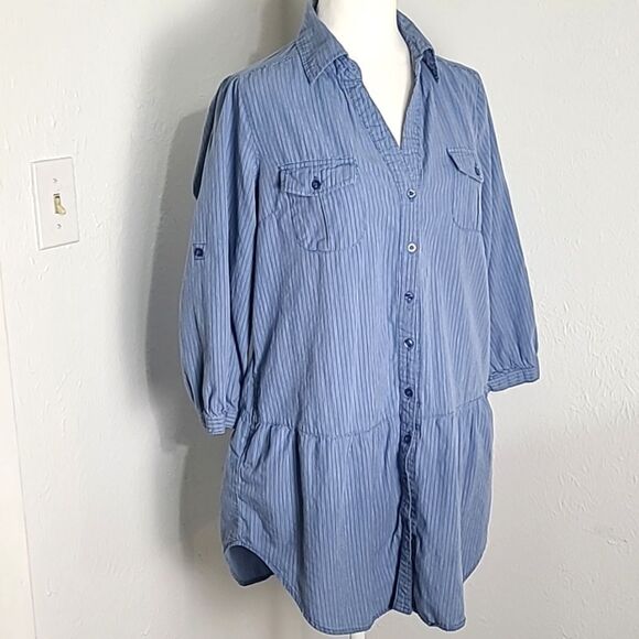 Prototype Blue & White Pinstripe Peplum Buttondown Top, Size Large - Picture 1 of 11